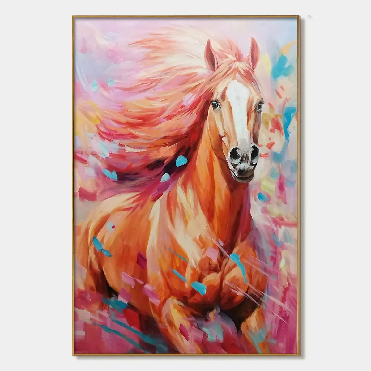 PINK FIRE: Colorful Horse Oil Painting on Canvas | hanging in living room, Abstract wall art