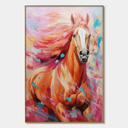 PINK FIRE: Colorful Horse Oil Painting on Canvas | hanging in living room, Abstract wall art