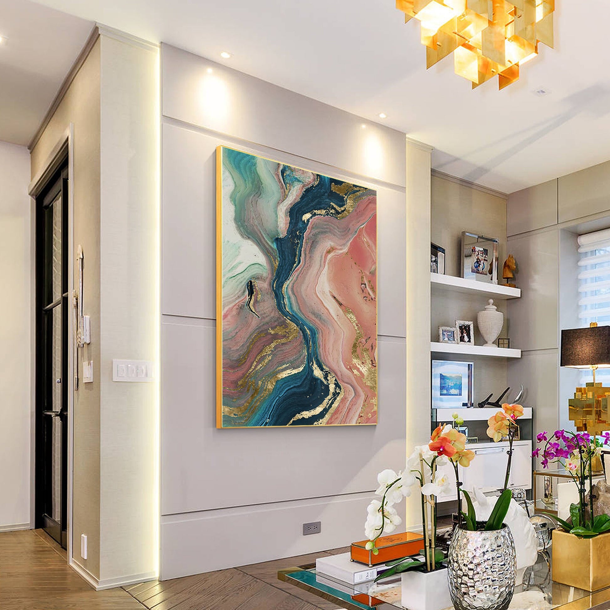 Pink Gold Abstract Painting Original Painting On Canvas, Framed Vertical Wall Ar #2