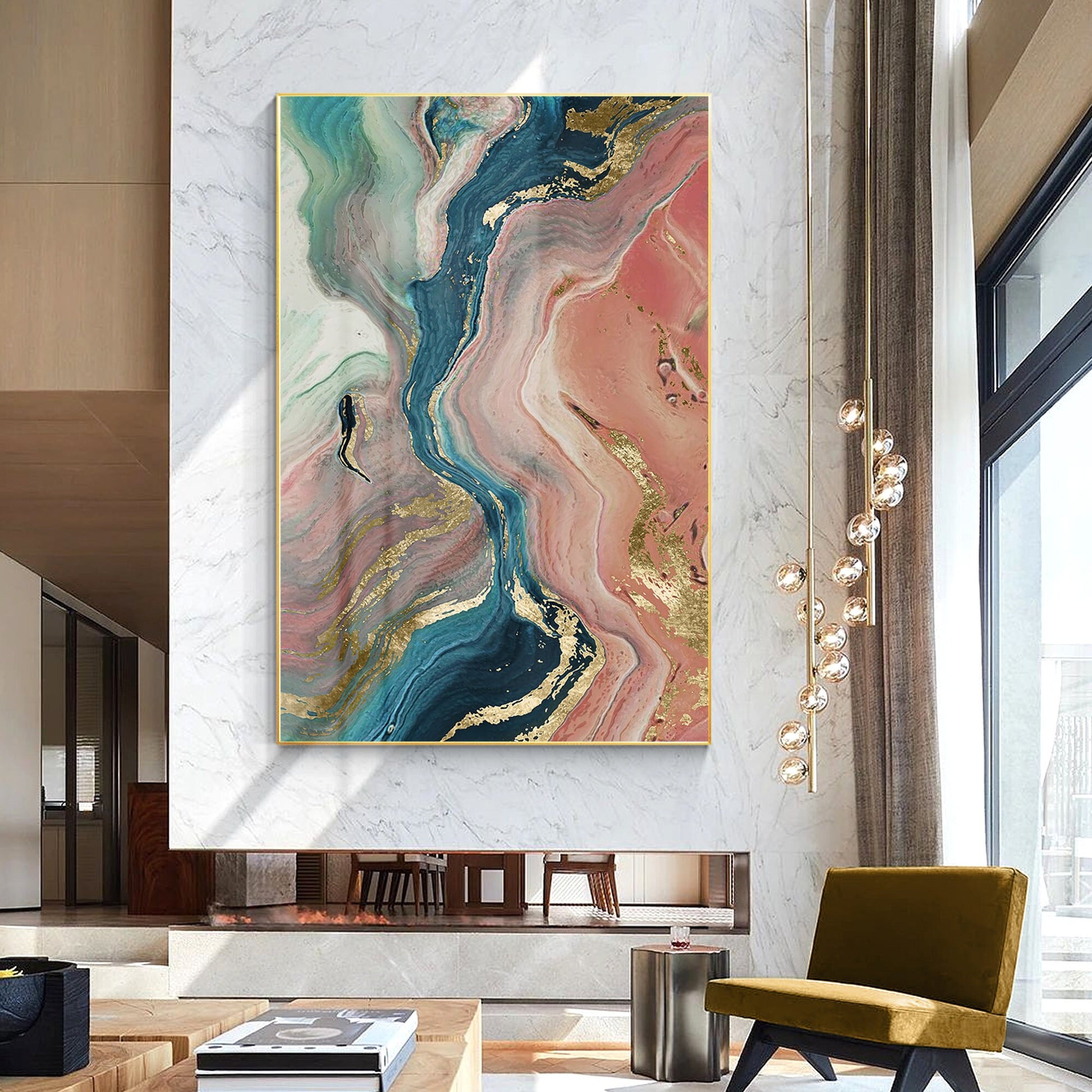 Pink Gold Abstract Painting Original Painting On Canvas, Framed Vertical Wall Ar #3