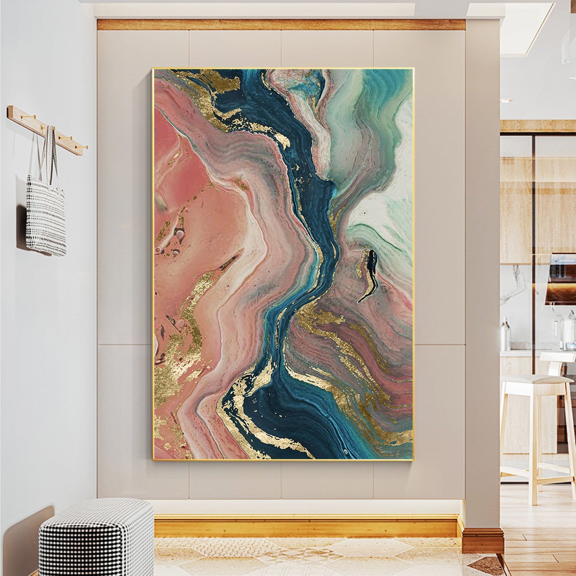 Pink Gold Abstract Painting Original Painting On Canvas, Framed Vertical Wall Ar #1