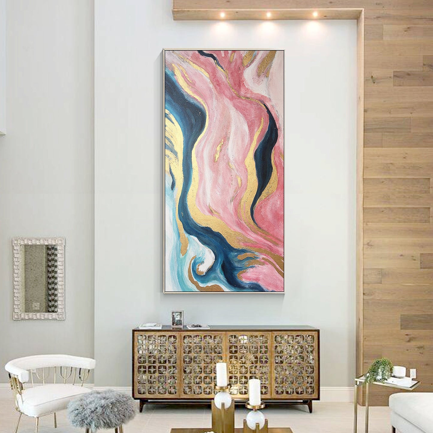 Pink Gold Abstract Ribbon Painting Original Painting On Canvas, Framed Vertical  #2