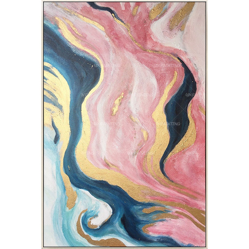 Pink Gold Abstract Ribbon Painting Original Painting On Canvas, Framed Vertical  #16