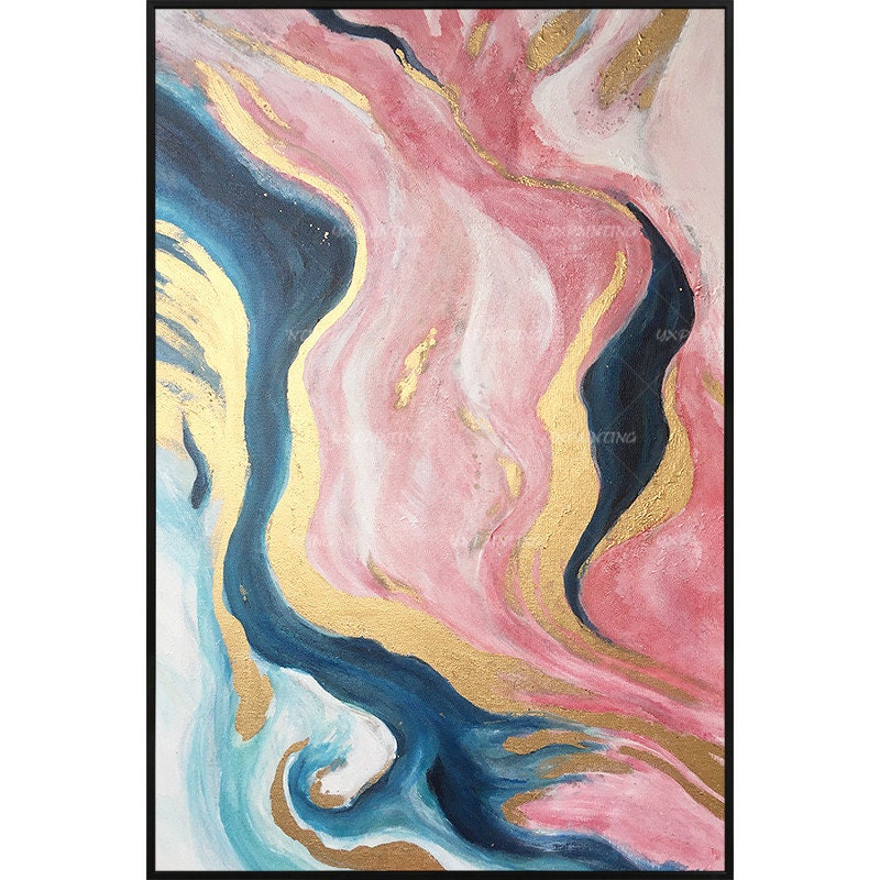 Pink Gold Abstract Ribbon Painting Original Painting On Canvas, Framed Vertical  #17