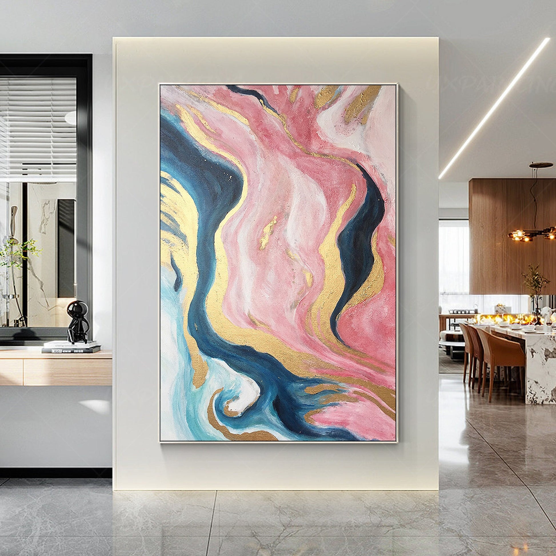 Pink Gold Abstract Ribbon Painting Original Painting On Canvas, Framed Vertical  #3