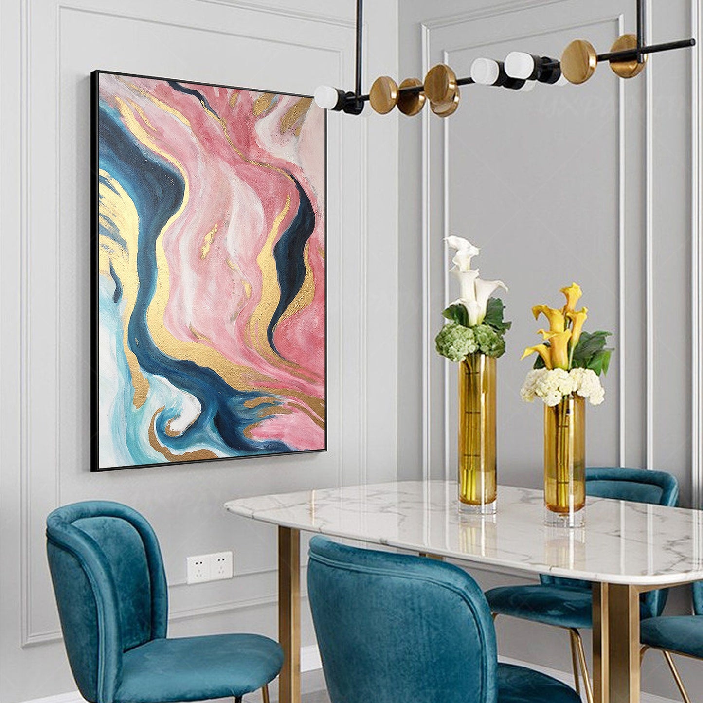 Pink Gold Abstract Ribbon Painting Original Painting On Canvas, Framed Vertical  #4