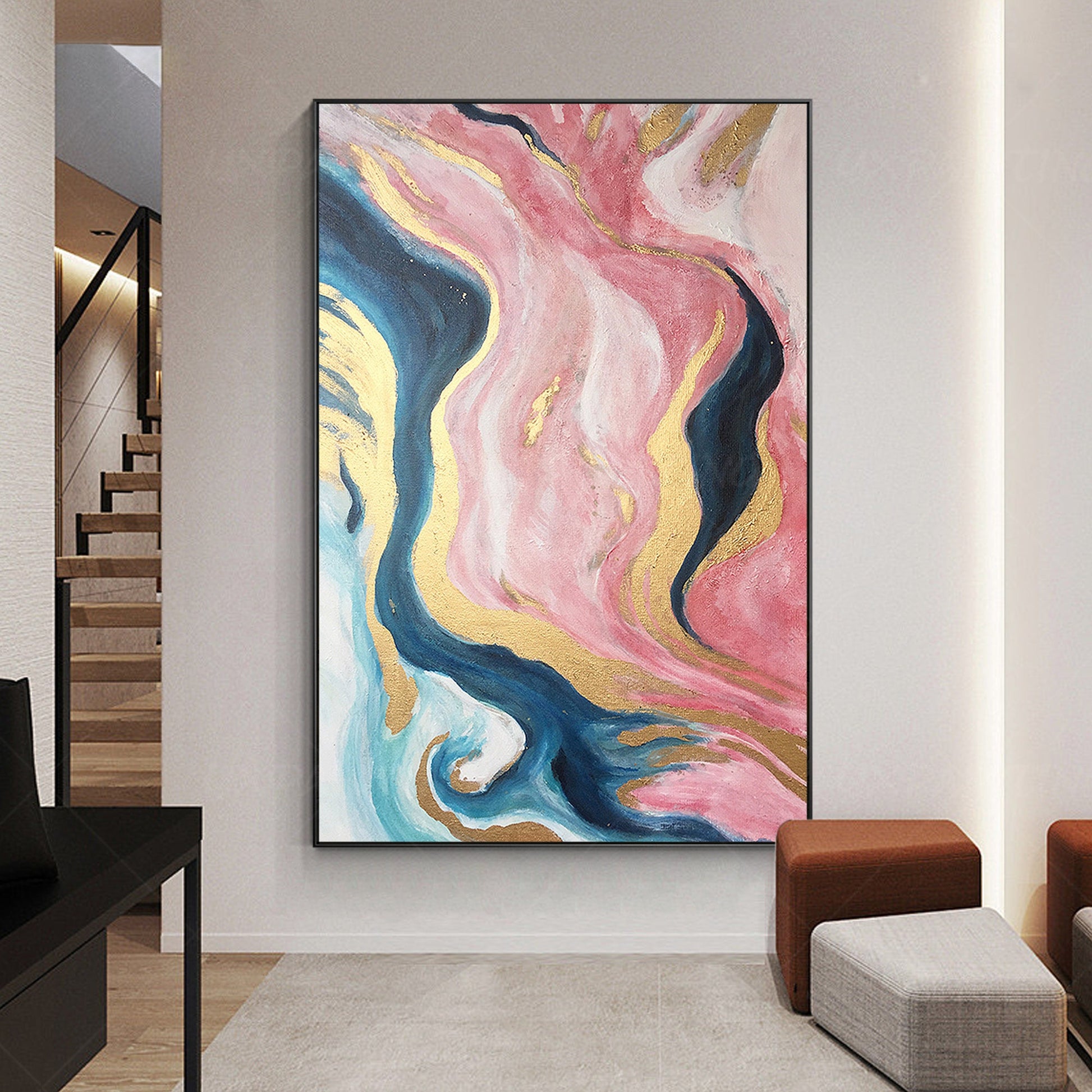 Pink Gold Abstract Ribbon Painting Original Painting On Canvas, Framed Vertical  #5