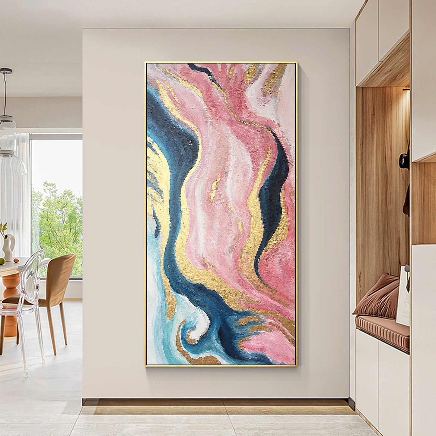 Pink Gold Abstract Ribbon Painting Original Painting On Canvas, Framed Vertical  #1