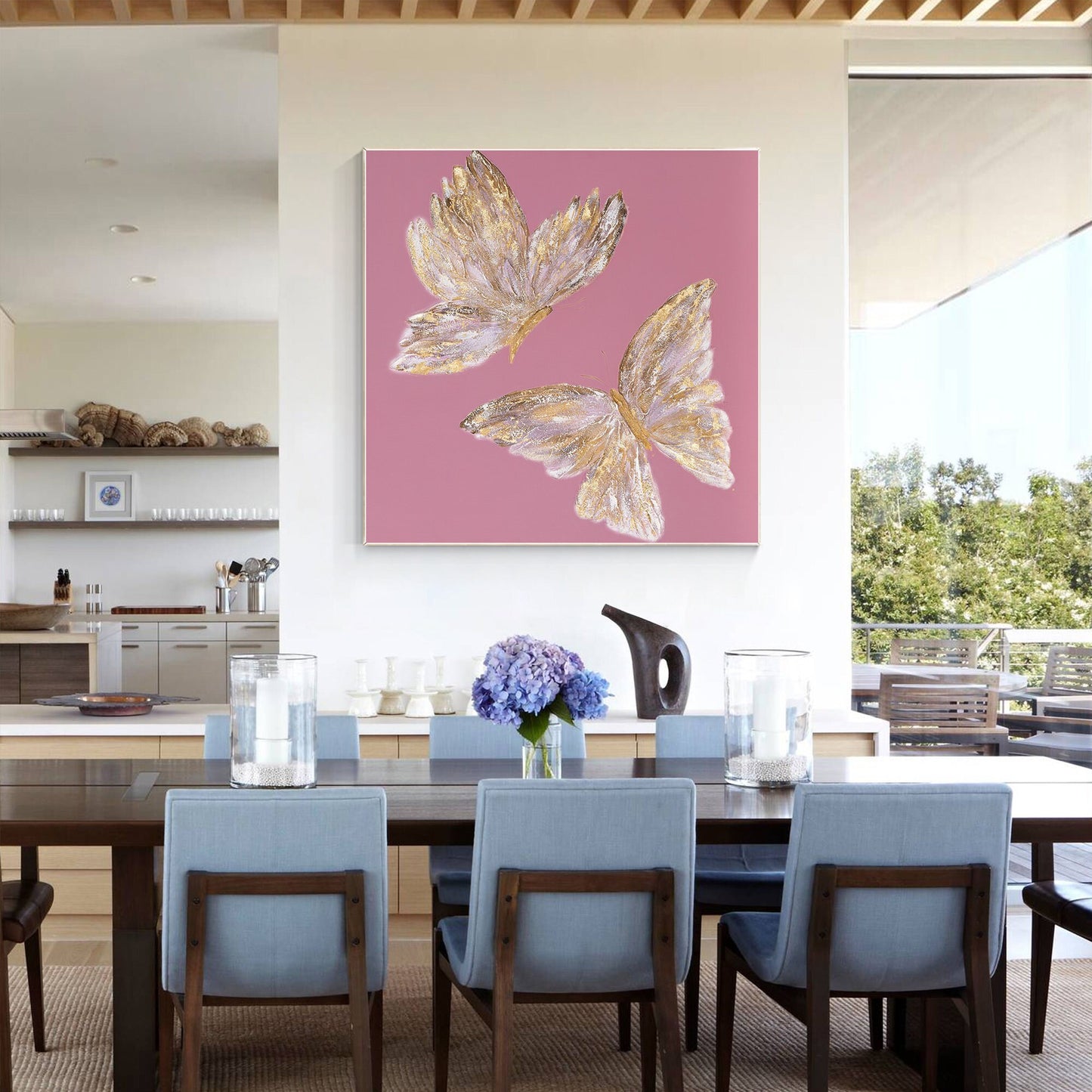 Pink & Gold Butterfly Painting: Square Framed Wall Art #4