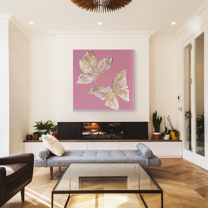 Pink & Gold Butterfly Painting: Square Framed Wall Art #5