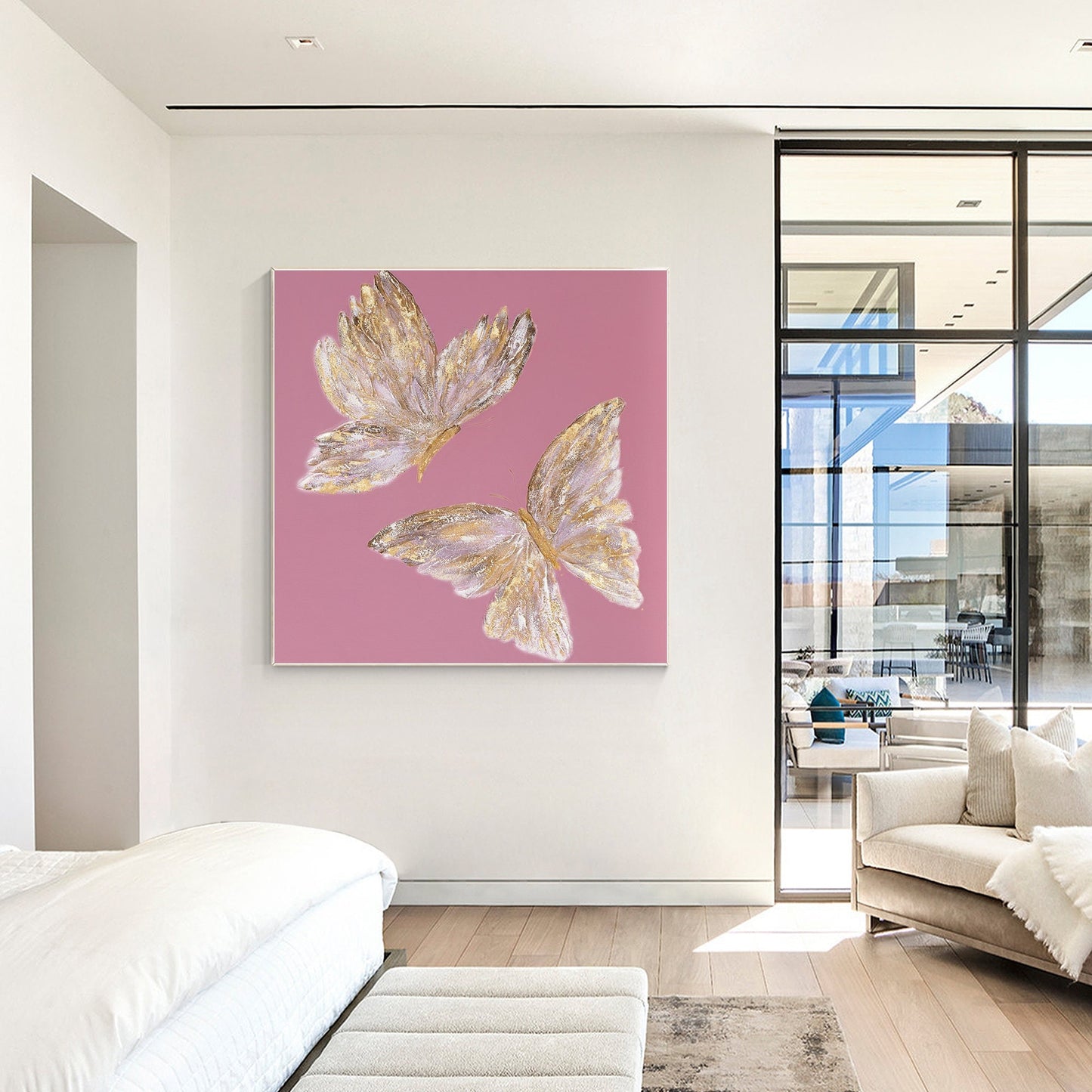 Pink & Gold Butterfly Painting: Square Framed Wall Art #1