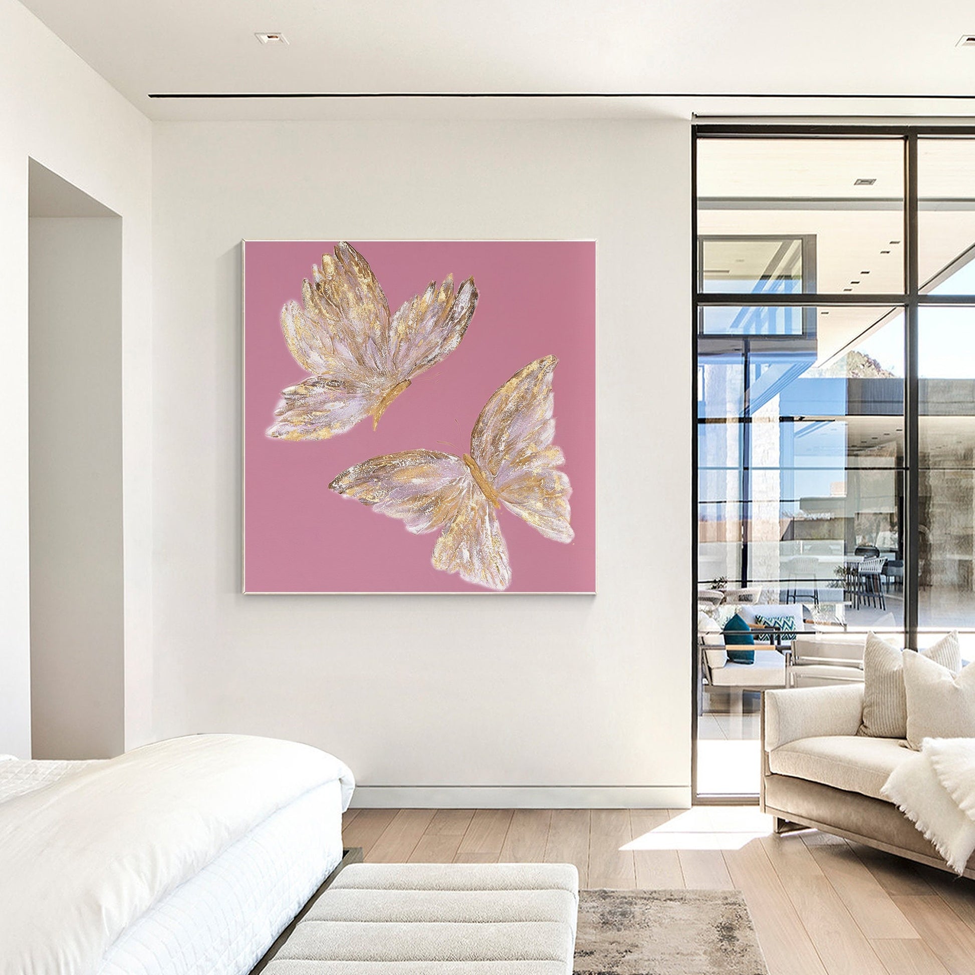 Pink & Gold Butterfly Painting: Square Framed Wall Art #1