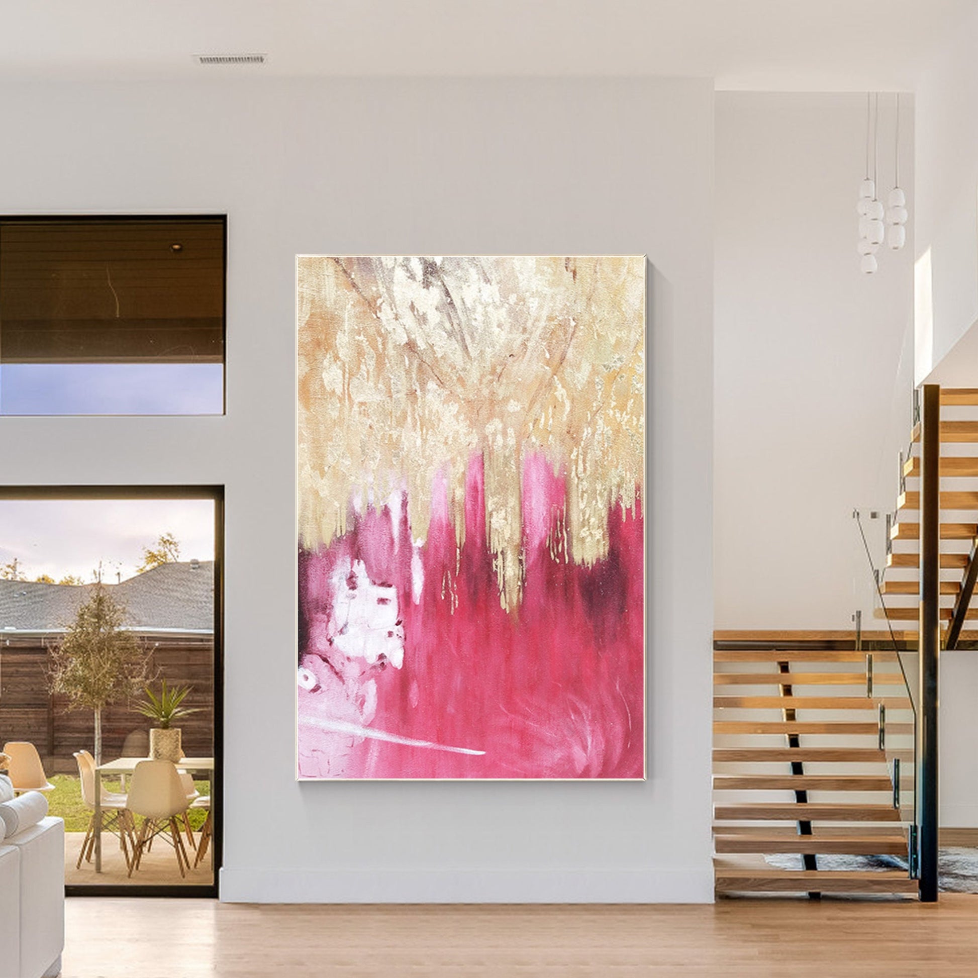 Pink Gold Foil Abstract Painting on Canvas - Large Modern Wall Art #2