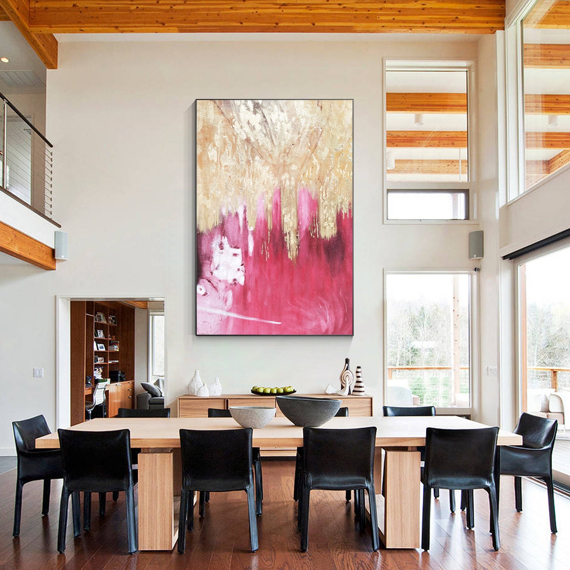 Pink Gold Foil Abstract Painting on Canvas - Large Modern Wall Art #3