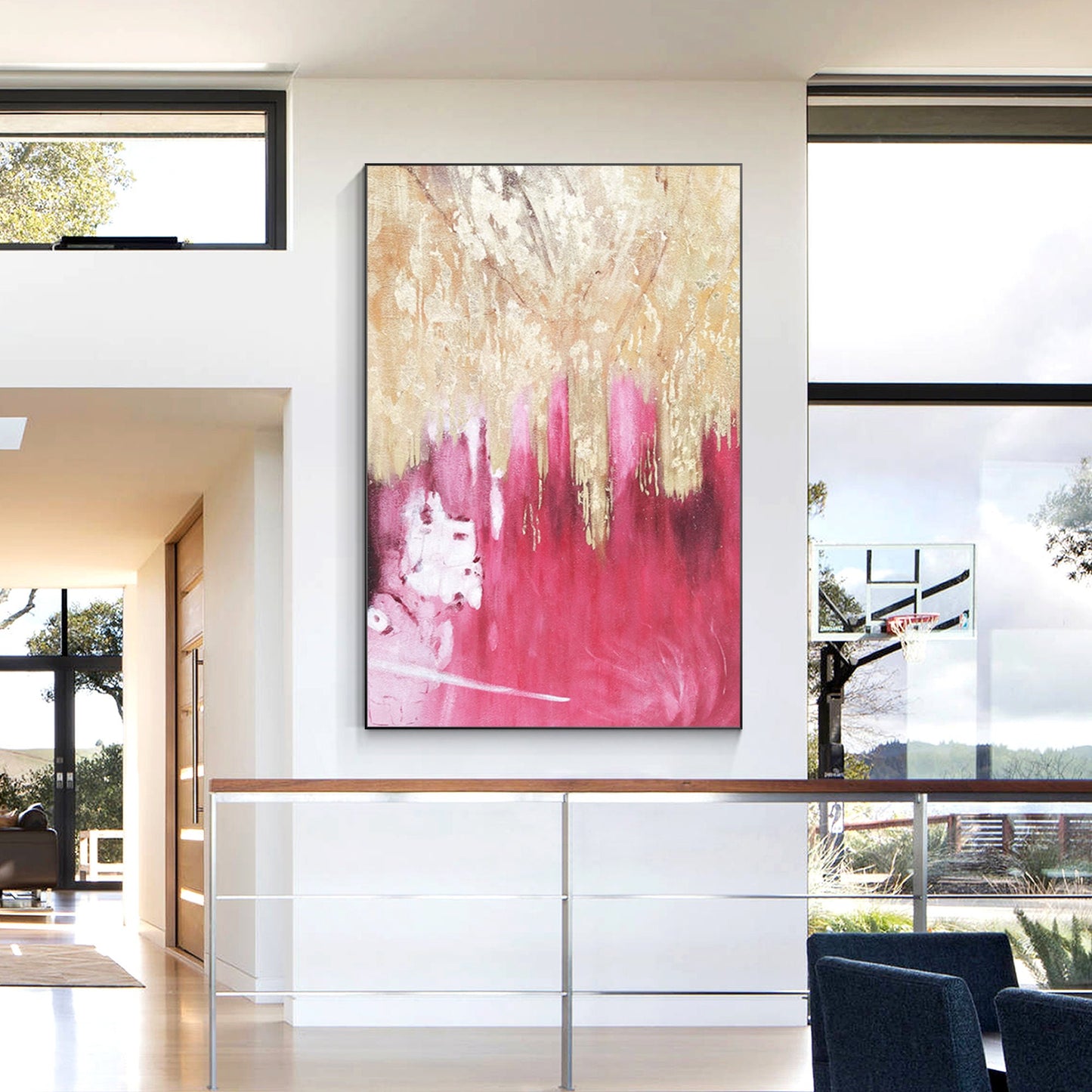 Pink Gold Foil Abstract Painting on Canvas - Large Modern Wall Art #5