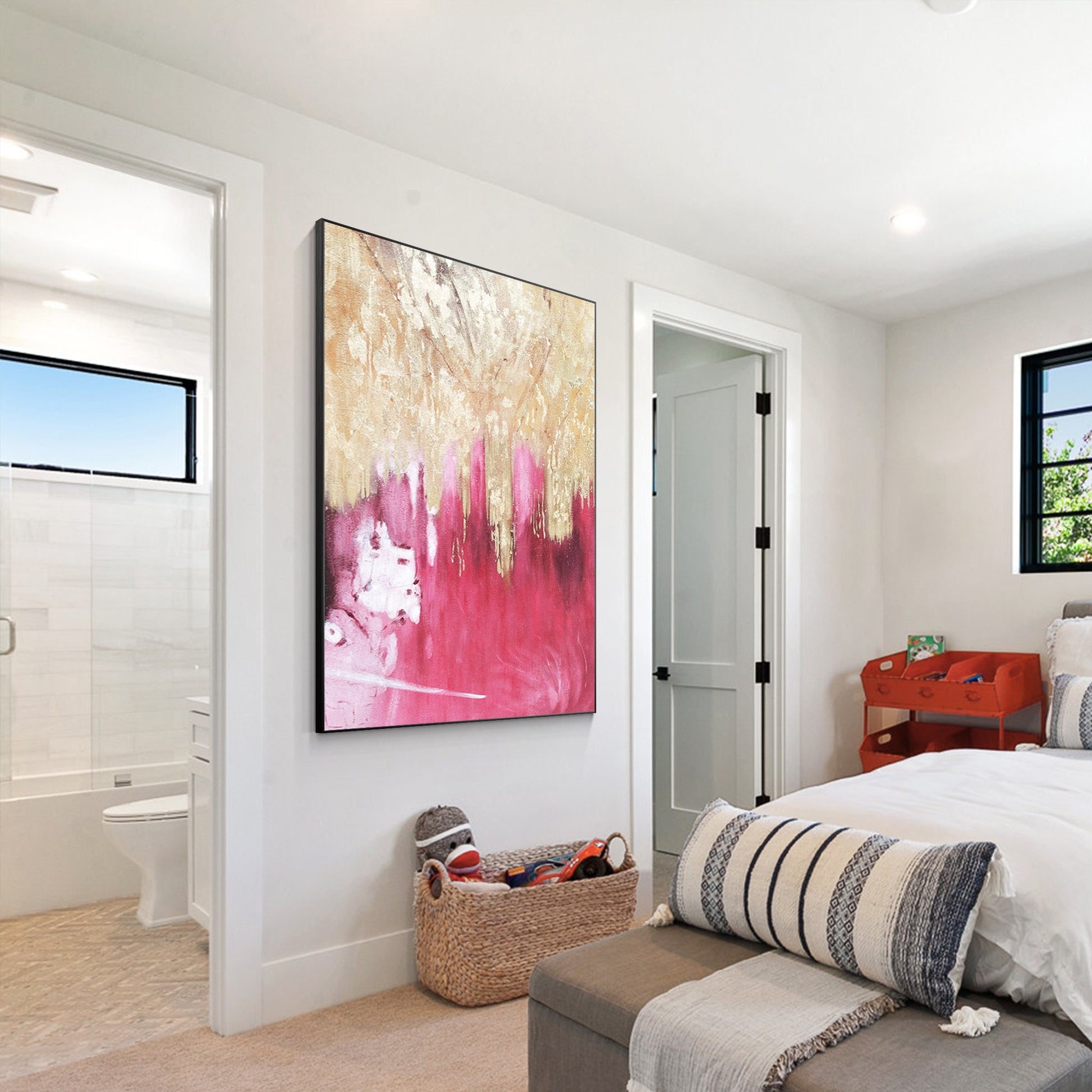 Pink Gold Foil Abstract Painting on Canvas - Large Modern Wall Art #1