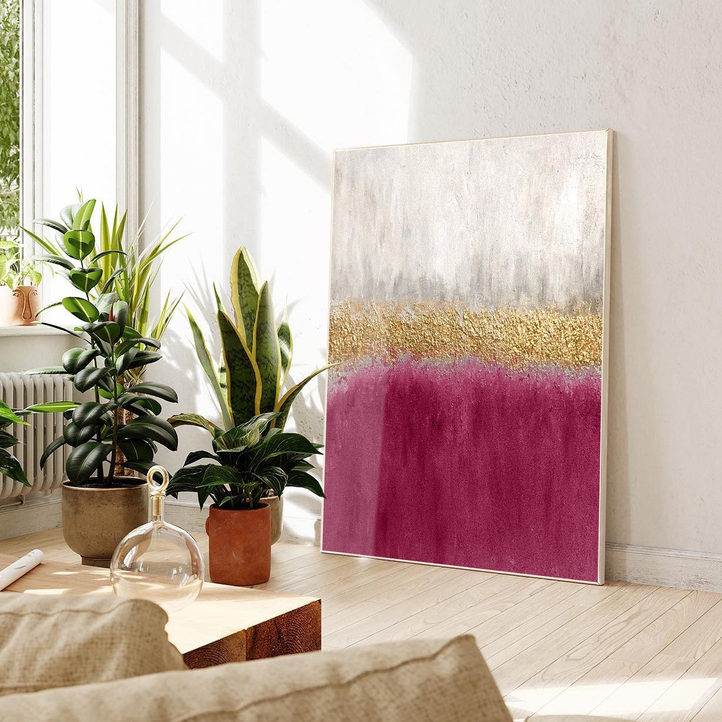 Pink Gold Textured Abstract Painting on Canvas, Framed Modern Wall Art #5