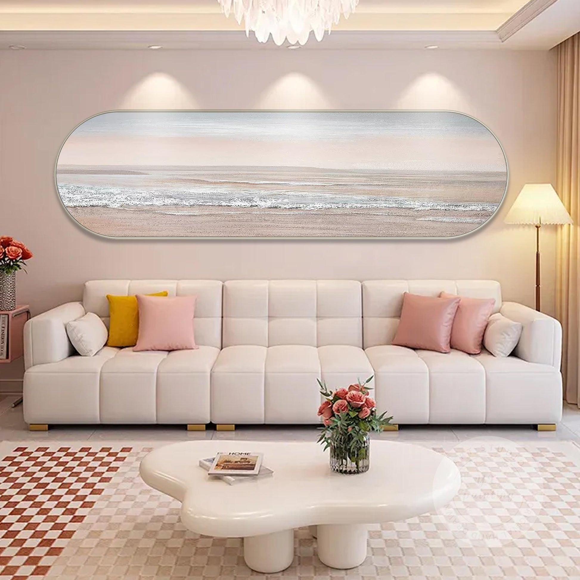 Pink Seascape Painting: Long Narrow Ocean Waves, Oval Framed Coastal Wall Art #2