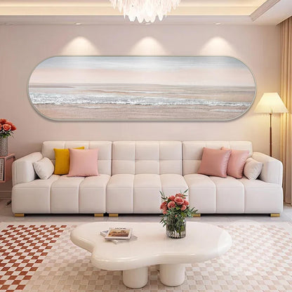 Pink Seascape Painting: Long Narrow Ocean Waves, Oval Framed Coastal Wall Art #11