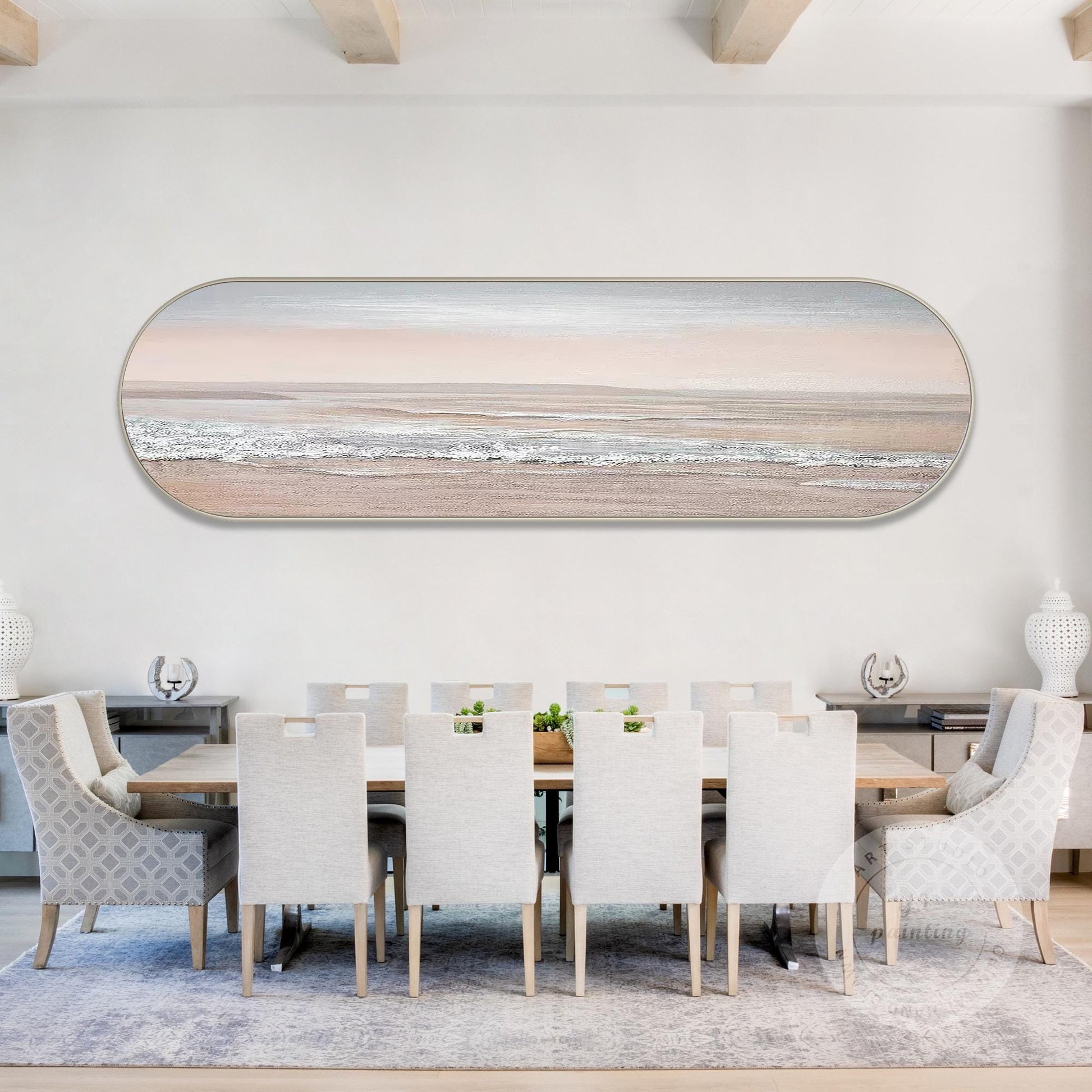 Pink Seascape Painting: Long Narrow Ocean Waves, Oval Framed Coastal Wall Art #13