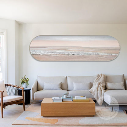 Pink Seascape Painting: Long Narrow Ocean Waves, Oval Framed Coastal Wall Art #14
