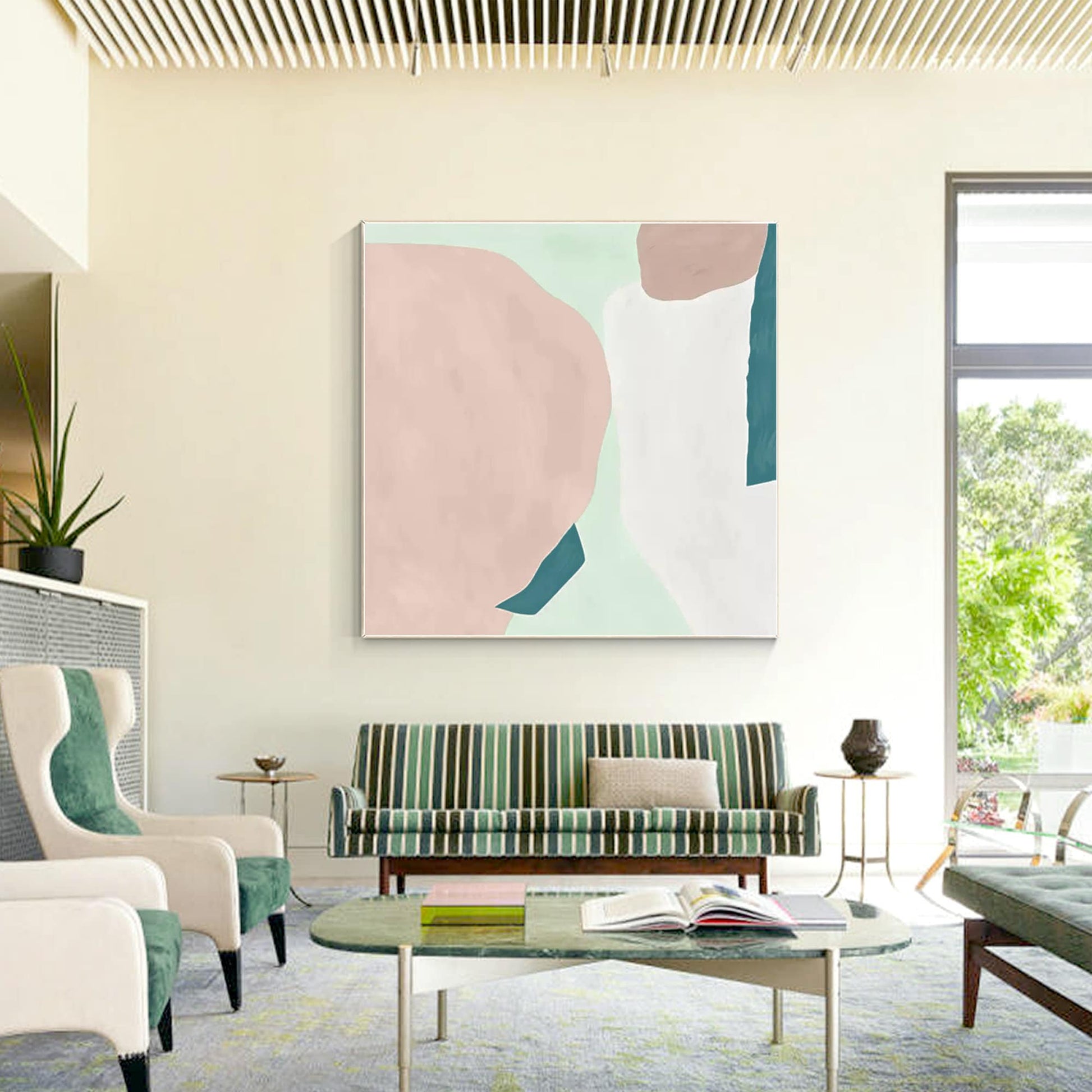 Pink Teal White Abstract Painting Minimalist Painting On Canvas, Square Wall Art #3