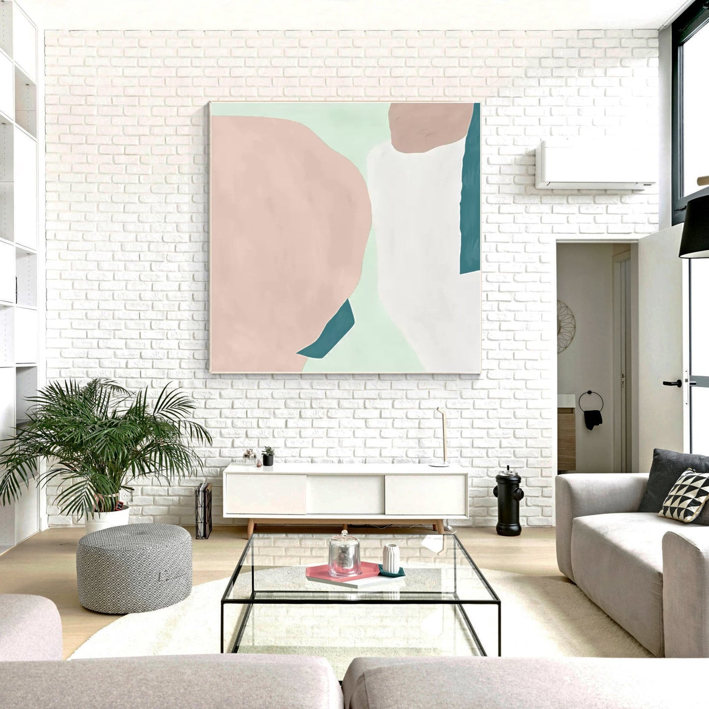Pink Teal White Abstract Painting Minimalist Painting On Canvas, Square Wall Art #4