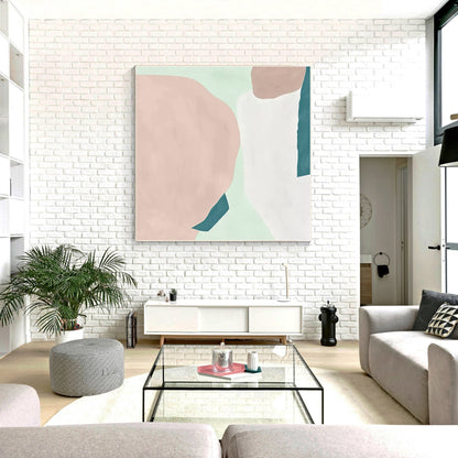 Pink Teal White Abstract Painting Minimalist Painting On Canvas, Square Wall Art #4