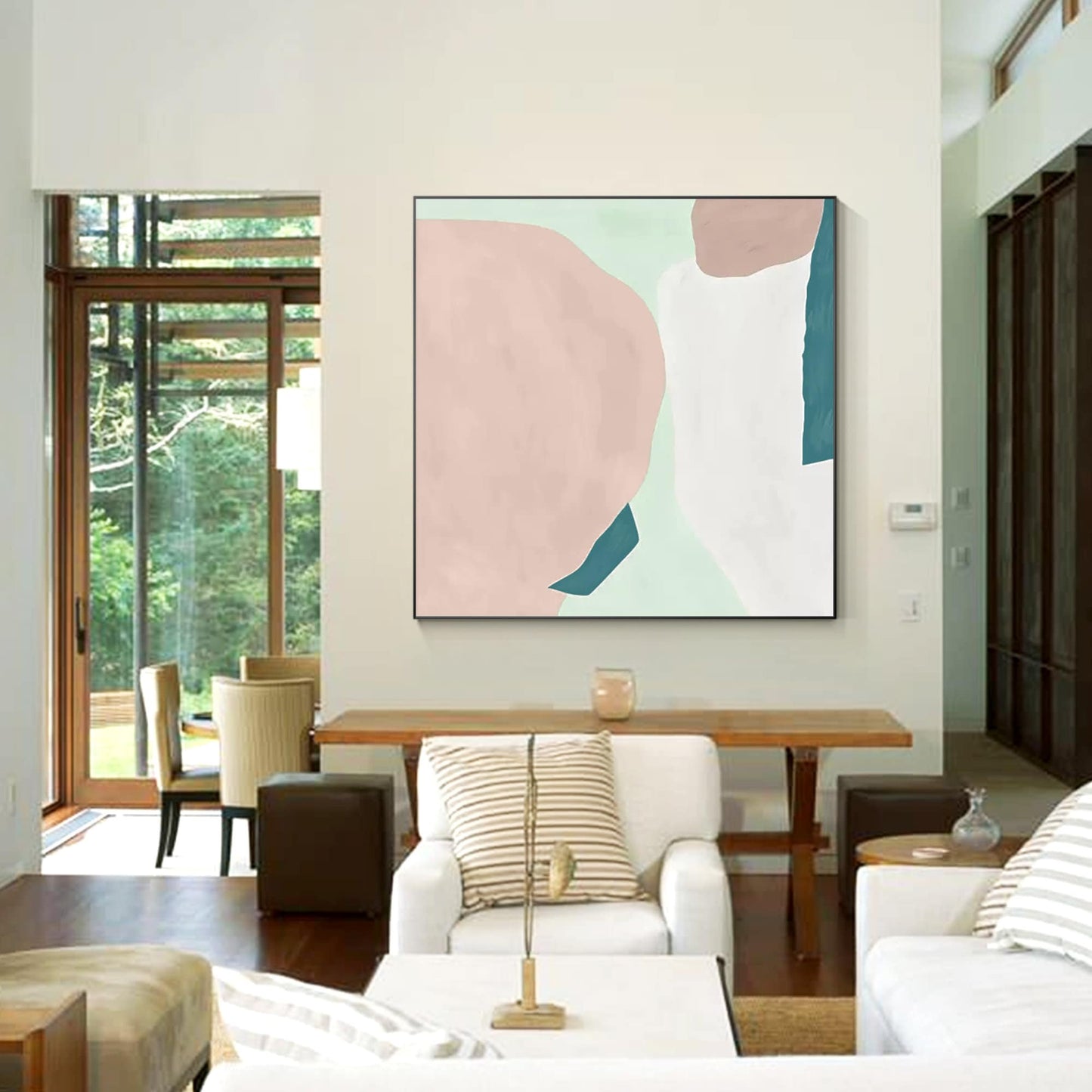 Pink Teal White Abstract Painting Minimalist Painting On Canvas, Square Wall Art #5