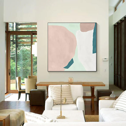 Pink Teal White Abstract Painting Minimalist Painting On Canvas, Square Wall Art #5