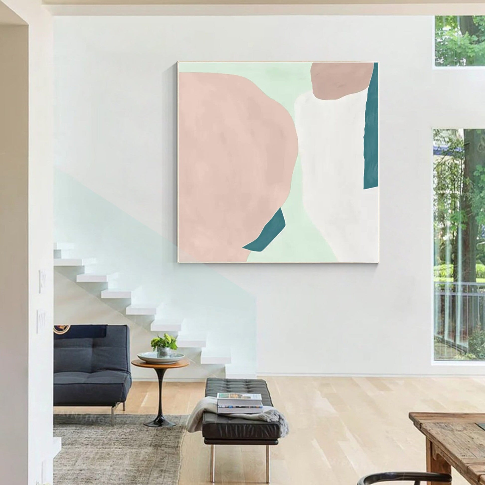 Pink Teal White Abstract Painting Minimalist Painting On Canvas, Square Wall Art #1