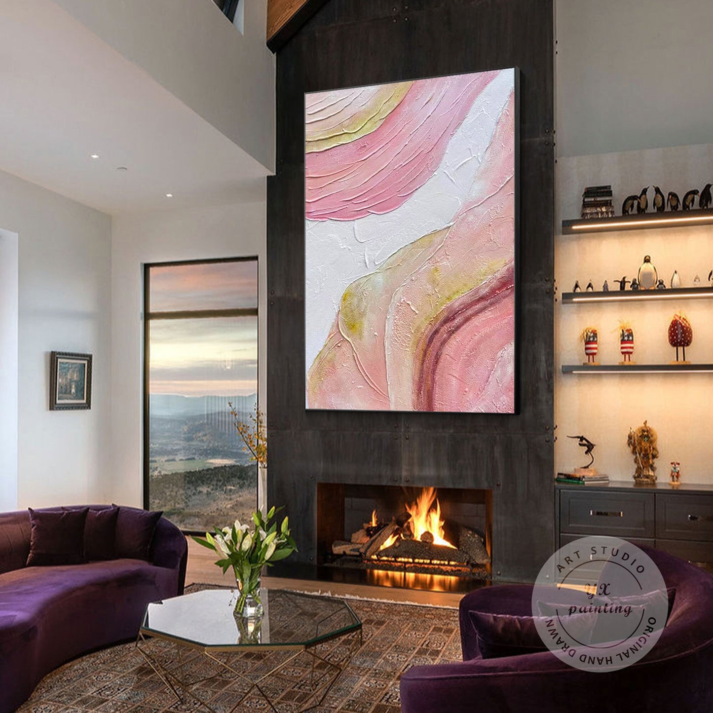 Pink Textured Abstract Painting: Original Boho Wall Art, Framed Canvas #4
