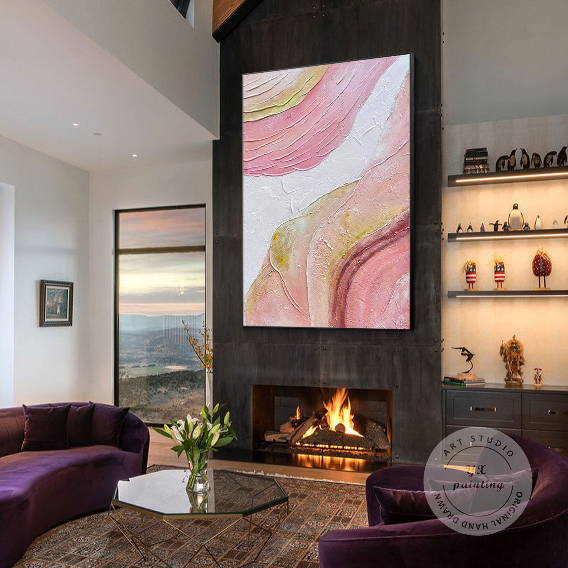 Pink Textured Abstract Painting: Original Boho Wall Art, Framed Canvas #4
