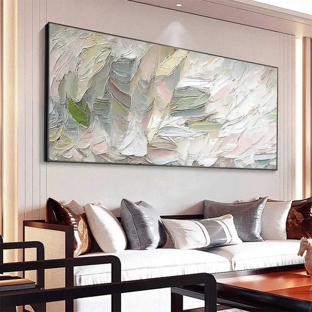 PINK WHISPERS: Textured Abstract Painting in Pink and Green | gold frame stretched on neutral wall