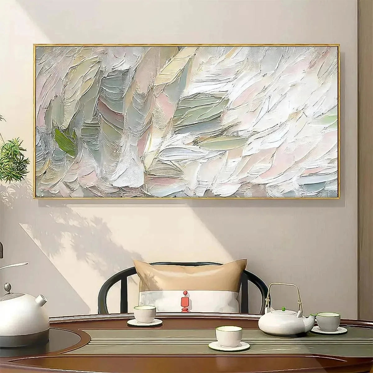 PINK WHISPERS: Textured Abstract Painting in Pink and Green | texture detail, palette knife marks visible
