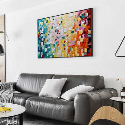 PIXEL RAINBOW: Colorful Abstract Impasto Oil Painting | gold frame stretched on neutral wall