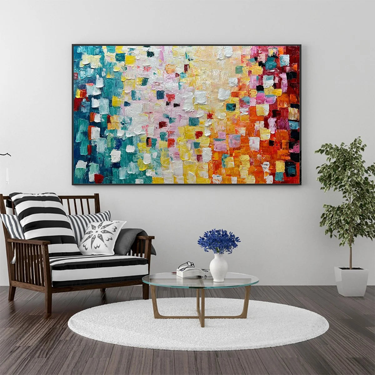 PIXEL RAINBOW: Colorful Abstract Impasto Oil Painting | black frame version on white wall