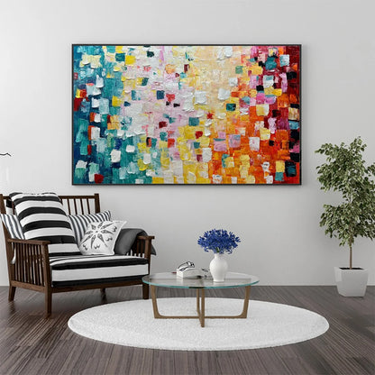 PIXEL RAINBOW: Colorful Abstract Impasto Oil Painting | black frame version on white wall