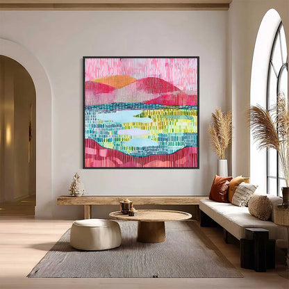 PIXELATED DAWN: Colorful Textured Abstract Landscape Wall Art | Abstract closeup, raised brushwork detail