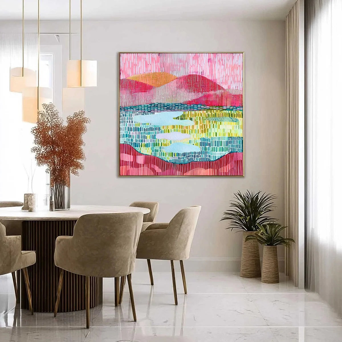 PIXELATED DAWN: Colorful Textured Abstract Landscape Wall Art | gold frame stretched on neutral wall