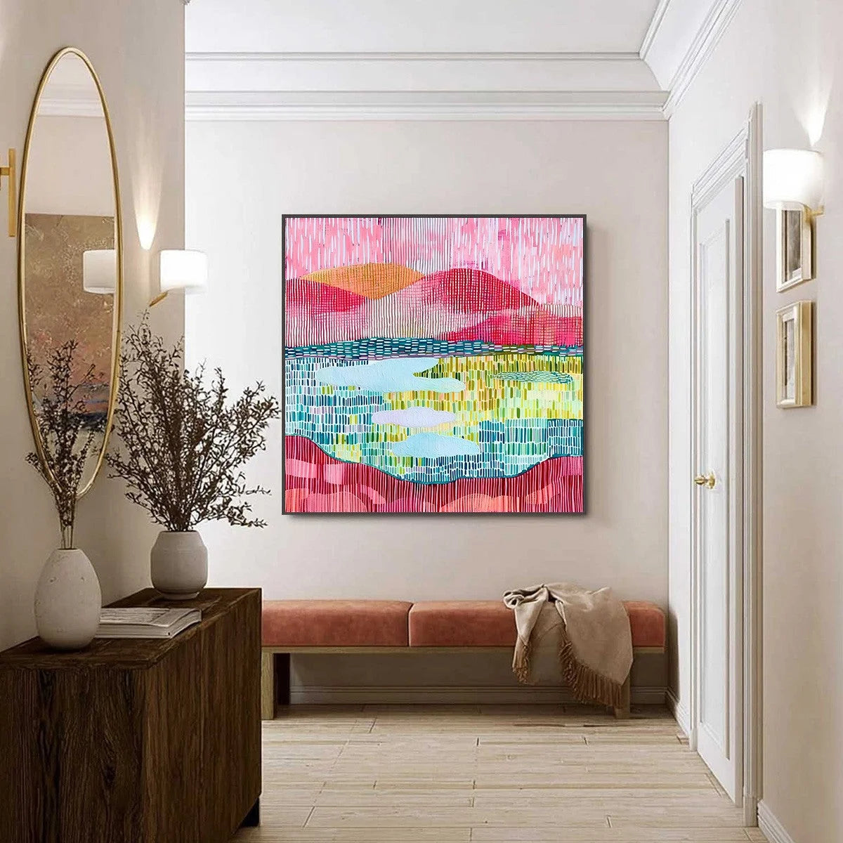 PIXELATED DAWN: Colorful Textured Abstract Landscape Wall Art | black frame version on white wall
