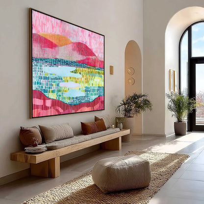 PIXELATED DAWN: Colorful Textured Abstract Landscape Wall Art | Abstract mood, soft natural light studio shot