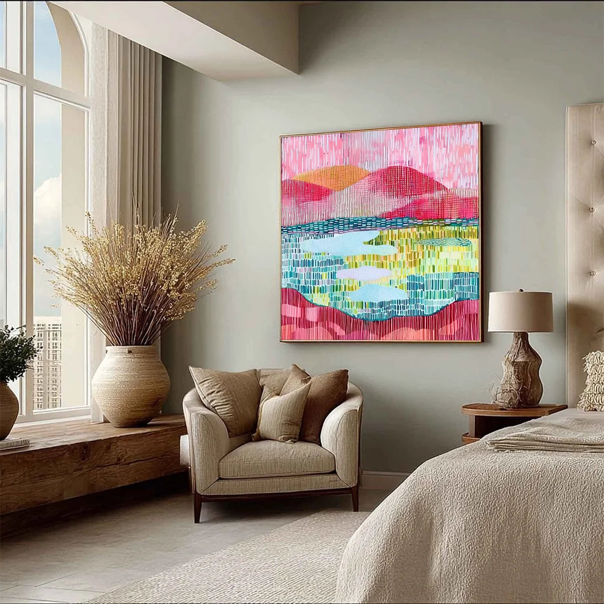 PIXELATED DAWN: Colorful Textured Abstract Landscape Wall Art | multi-color palette, original oil on stretched canvas art