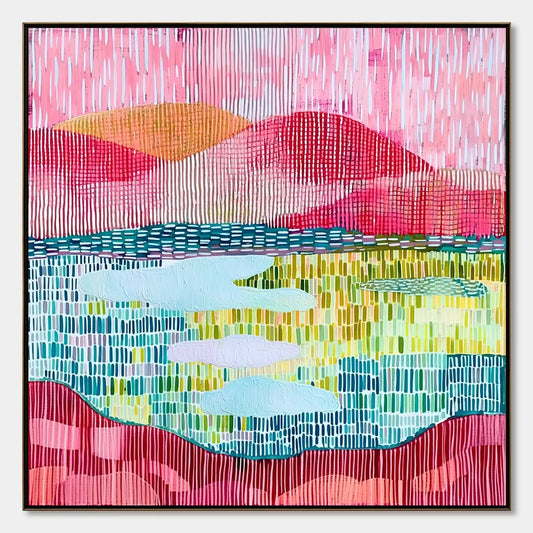 PIXELATED DAWN: Colorful Textured Abstract Landscape Wall Art | hanging in living room, Abstract wall art