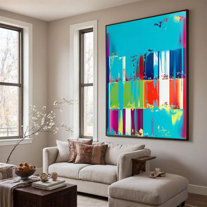 PIXELATED PARADISE: Vibrant Abstract Glitch Art Oil Painting | rectangular format, hand-painted canvas edge
