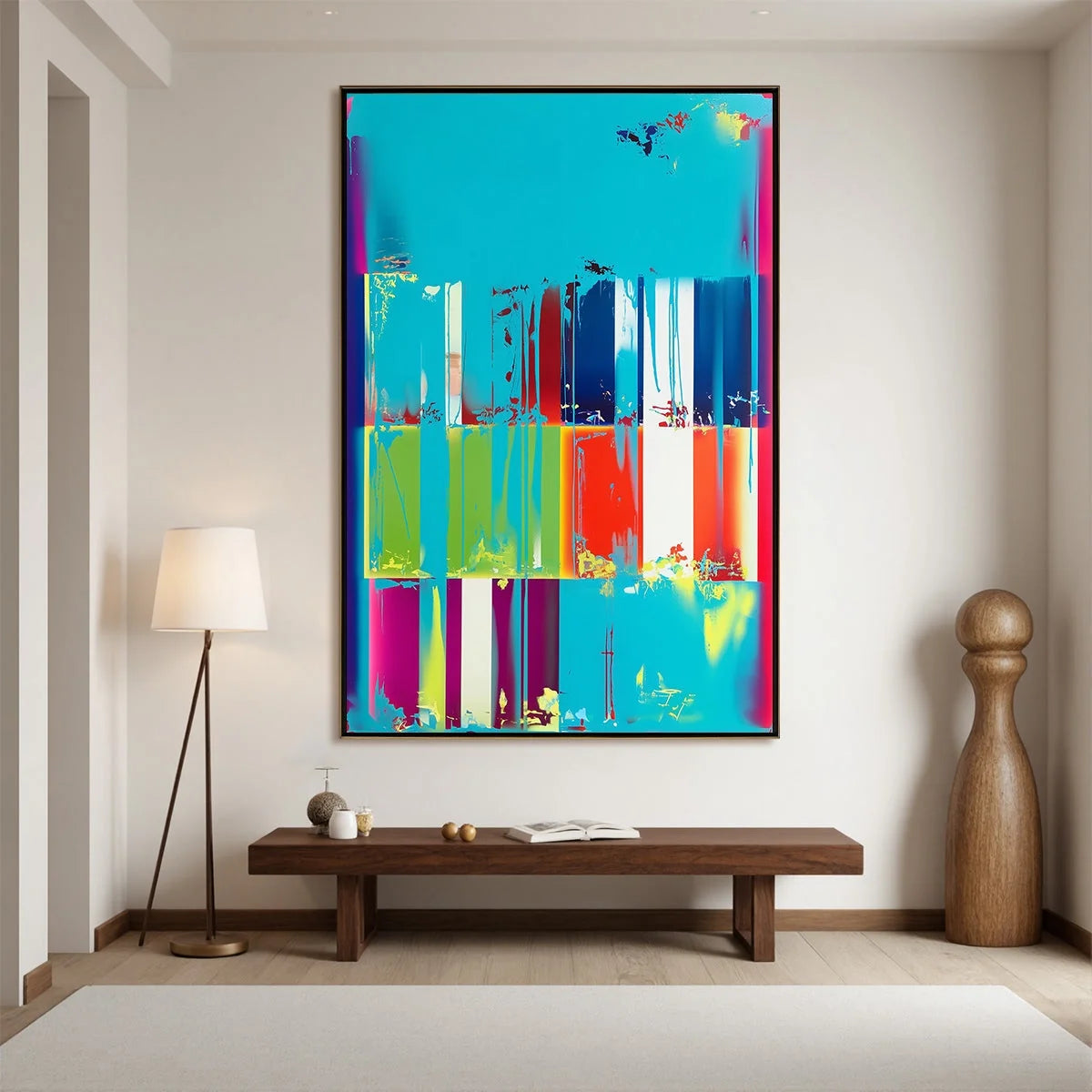 PIXELATED PARADISE: Vibrant Abstract Glitch Art Oil Painting | gold frame stretched on neutral wall