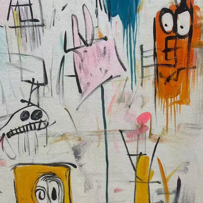 PLAYFUL GRAFFITI: Abstract Figurative Oil Painting | rectangular format, hand-painted canvas edge