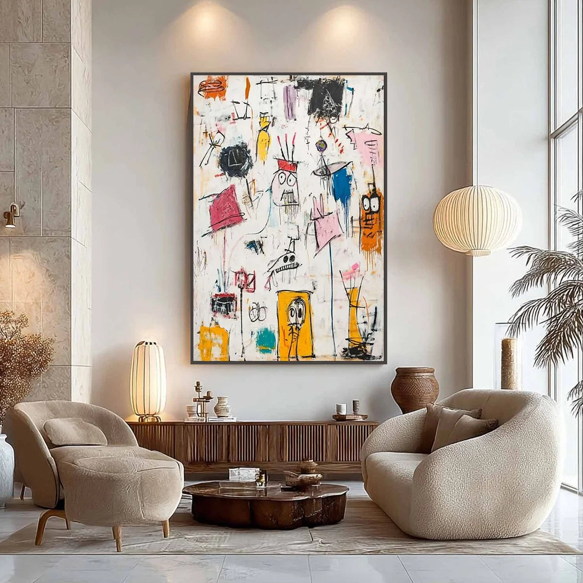 PLAYFUL GRAFFITI: Abstract Figurative Oil Painting | gold frame stretched on neutral wall