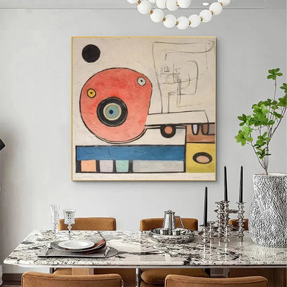 PLAYFUL TRUCK: Whimsical Abstract Painting, Square Wall Art | gold frame stretched on neutral wall