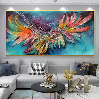 PLUMAGE FIRE: Vibrant Abstract Feather Oil Painting | Figurative closeup, raised brushwork detail